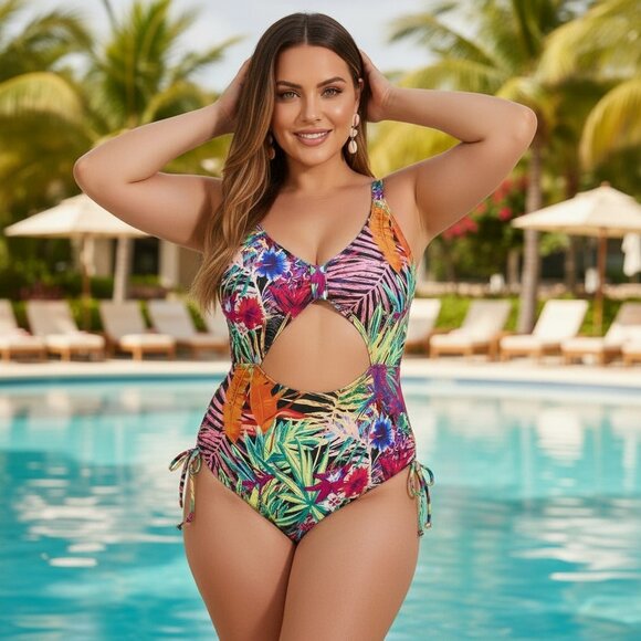 🆕️2XL Vibrant Plus Size Tropical Print Summer Vacay Trendy One Piece Swimsuit - Picture 1 of 12